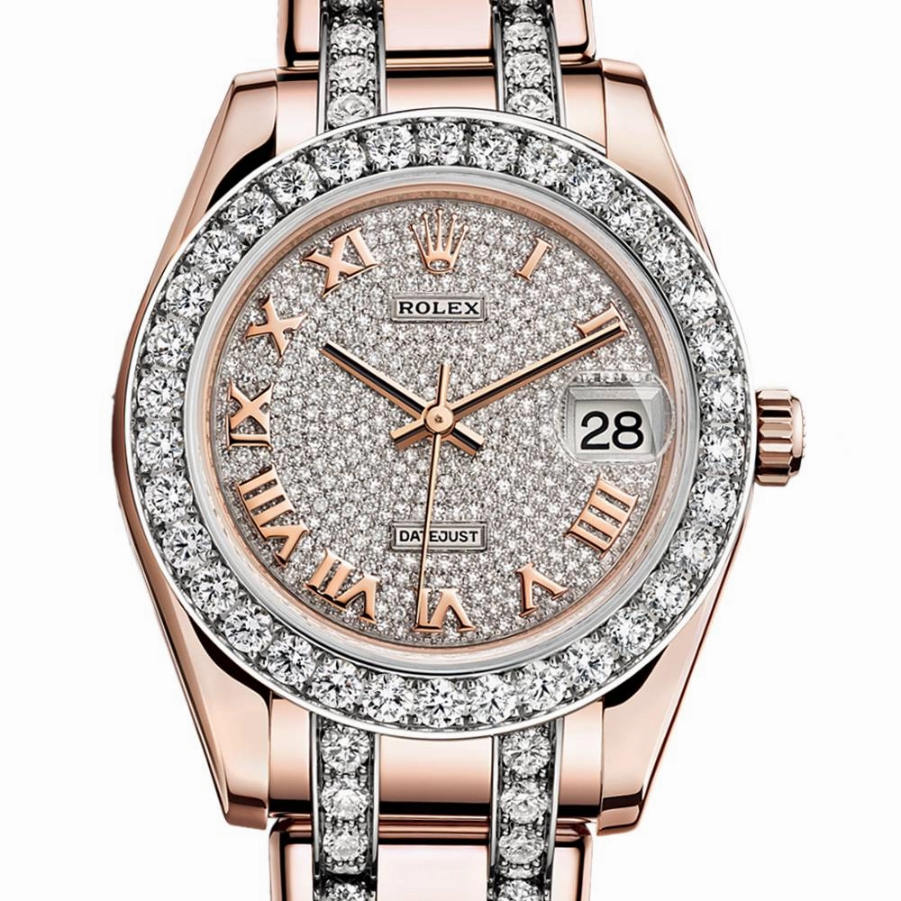 Rolex Pearlmaster 34mm - Ref: 81285-0013 - Pave Roman Diamond Dial, Diamond Bezel & Diamond Case, 18K Rose Gold Diamond Bracelet Women's Watch