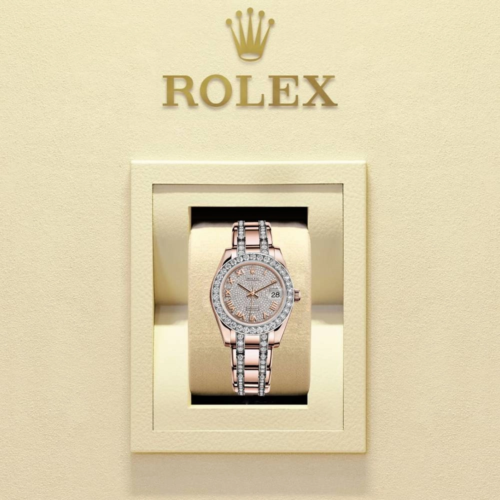 Rolex Pearlmaster 34mm - Ref: 81285-0013 - Pave Roman Diamond Dial, Diamond Bezel & Diamond Case, 18K Rose Gold Diamond Bracelet Women's Watch