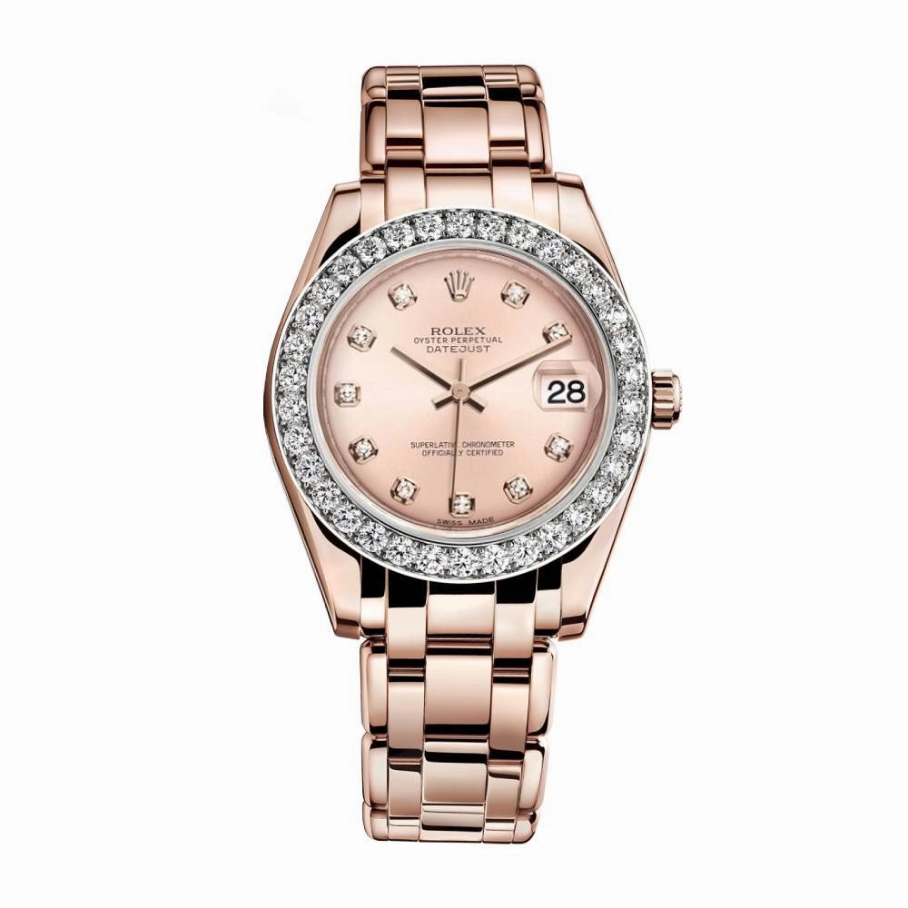 Rolex Pearlmaster 34mm - Ref: 81285-0014 - Pink Diamond Dial & Diamond Bezel, 18K Rose Gold Bracelet Women's Watch