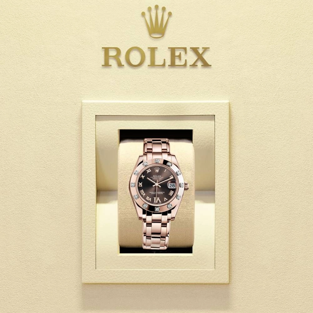 Rolex Pearlmaster 34mm - Ref: 81315-0003 - Chocolate Roman Diamond Dial & Diamond Bezel, 18K Rose Gold Bracelet Women's Watch