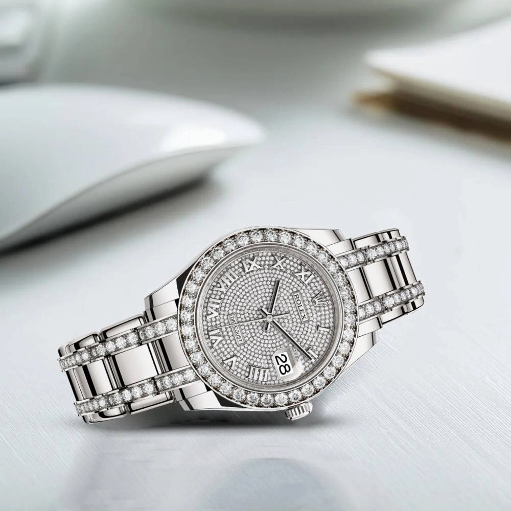 Rolex Pearlmaster 39mm - Ref: 86289-0006 - Pave Roman Diamond Dial & Diamond Bezel, 18K White Gold Diamond Bracelet Women's Watch
