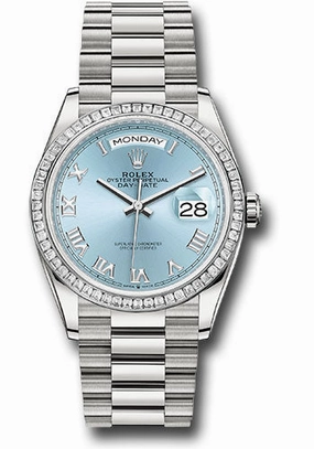Rolex Platinum Day-Date 36 Watch - Diamond Bezel - Ice Blue Roman Dial - President Bracelet - 128396tbr ibrp