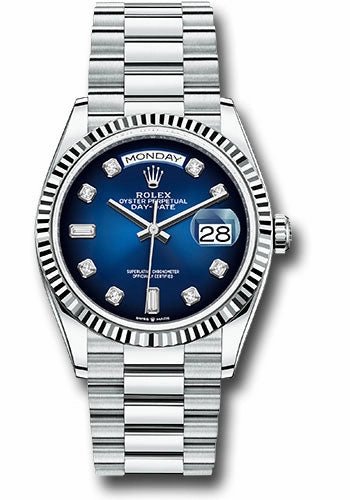 Rolex Platinum Day-Date 36 Watch - Fluted Bezel - Blue Ombr Diamond Dial - President Bracelet - 128236 blodp