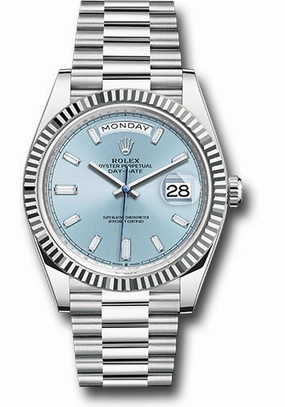 Rolex Platinum Day-Date 40 Watch - Fluted Bezel - Ice Blue Dial - President Bracelet - 228236 ibbdp