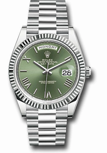 Rolex Platinum Day-Date 40 Watch - Fluted Bezel - Olive Green Roman 6 Dial - President Bracelet - 228236 ogrp