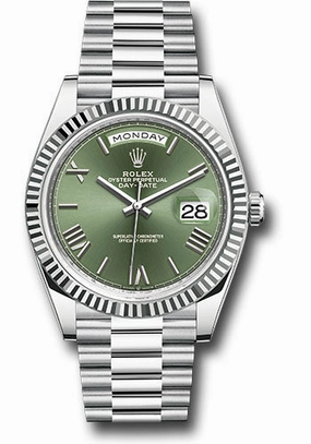 Rolex Platinum Day-Date 40 Watch - Fluted Bezel - Olive Green Roman 6 Dial - President Bracelet - 228236 ogrp