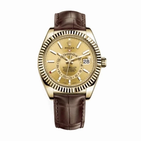 Rolex Sky-Dweller 42mm - Ref: 326138-0006 - Champagne Stick Dial, 18K Yellow Gold & Brown Leather Strap Watch