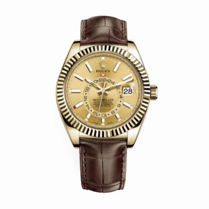 Rolex Sky-Dweller 42mm - Ref: 326138-0006 - Champagne Stick Dial, 18K Yellow Gold & Brown Leather Strap Watch