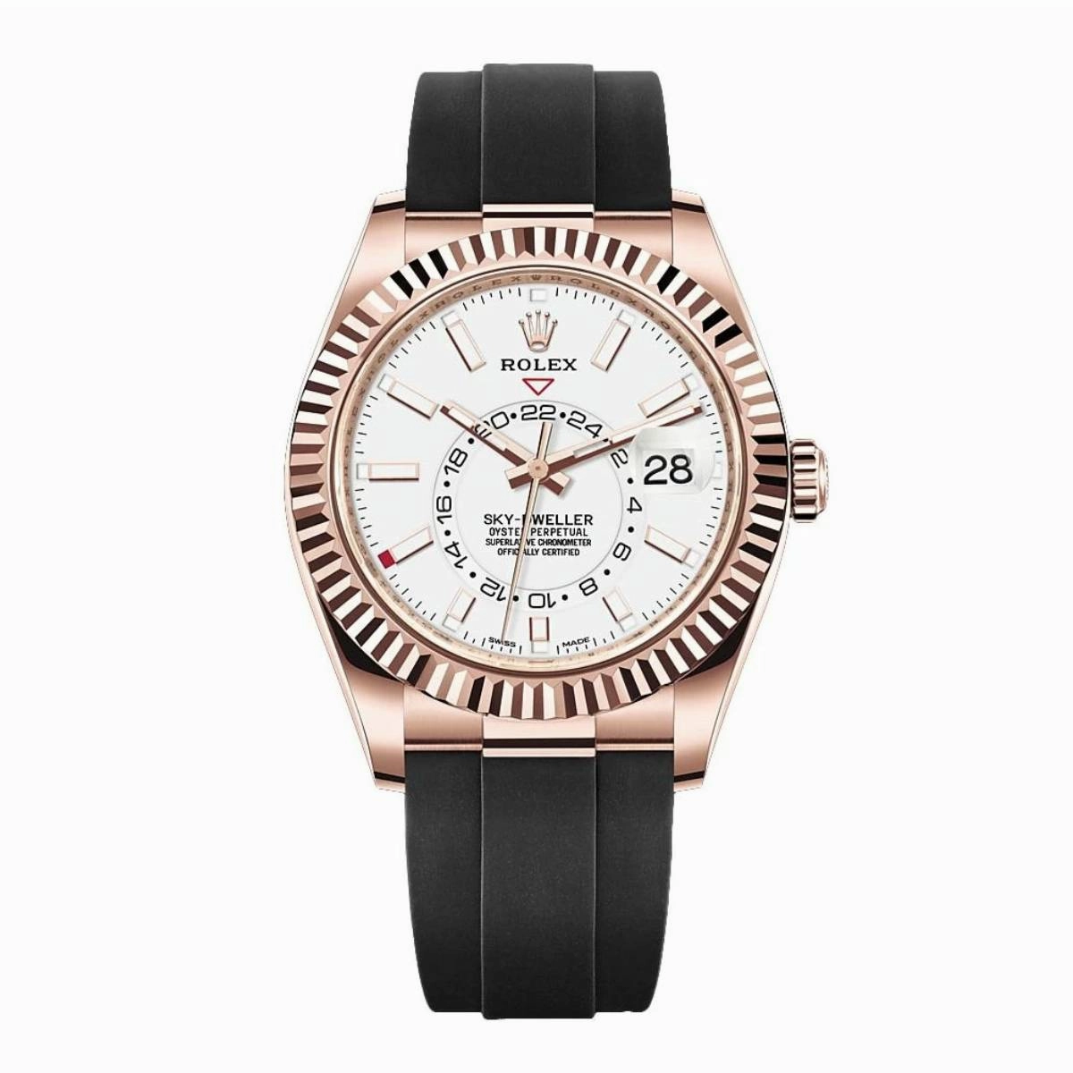Rolex Sky-Dweller 42mm - Ref: 326235-0004 - Intense White Stick Dial & 18K Rose Gold Case, Black Oysterflex Bracelet Watch