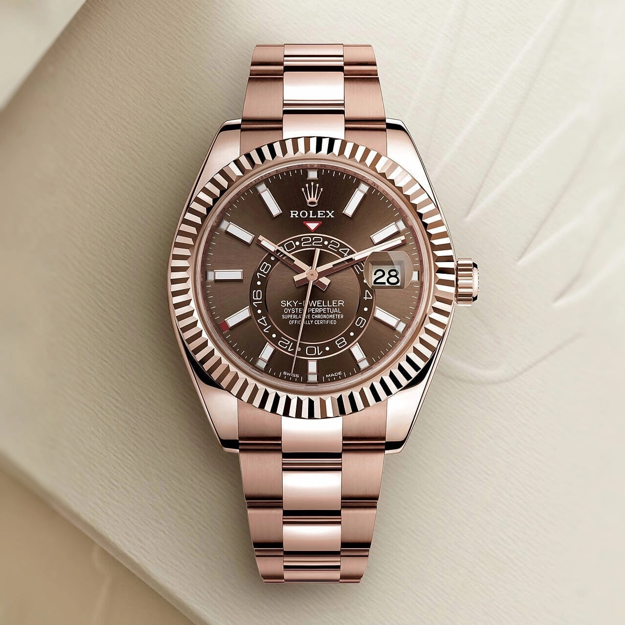 Rolex Sky-Dweller 42mm - Ref: 326935-0006 - Chocolate Stick Dial, 18K Rose Gold Oyster Bracelet Watch