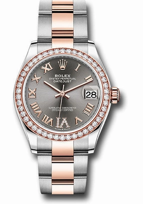 Rolex Steel and Everose Gold Datejust 31 Watch - 46 Diamond Bezel - Dark Rhodium Diamond Roman VI Dial - Oyster Bracelet 278381RBR dkrhdr6o