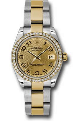 Rolex Steel and Yellow Gold Datejust 31 Watch - 46 Diamond Bezel - Champagne Concentric Circle Arabic Dial - Oyster Bracelet 178383 chcao