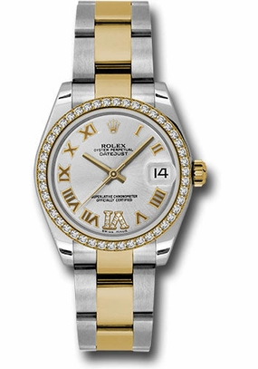 Rolex Steel and Yellow Gold Datejust 31 Watch - 46 Diamond Bezel - Silver Diamond Roman Vi Roman Dial - Oyster Bracelet 178383 sdro