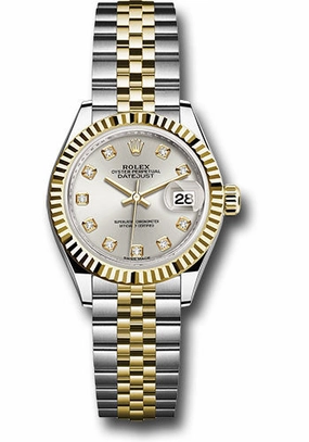 Rolex Steel and Yellow Gold Rolesor Lady-Datejust 28 Watch - Fluted Bezel - Silver Diamond Dial - Jubilee Bracelet - 279173 sdj