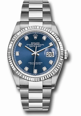 Rolex Steel Datejust 36 Watch - Fluted Bezel - Blue Diamond Dial - Oyster Bracelet - 126234 bldo