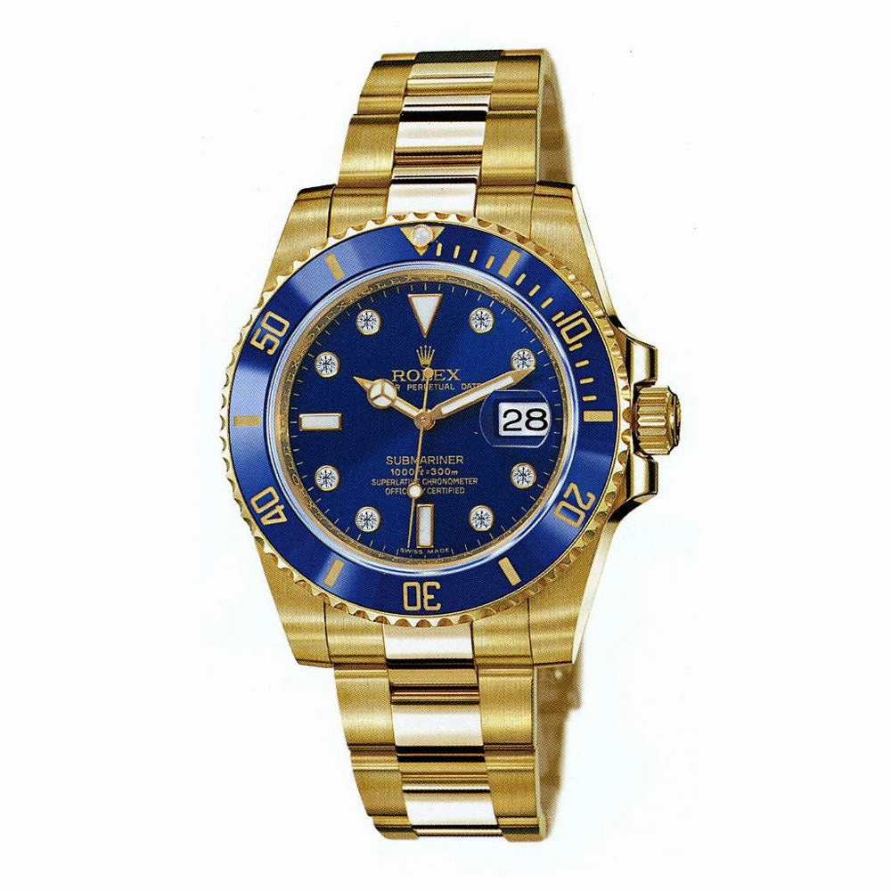 Rolex Submariner Date 40mm - Ref: 116618 bld - Blue Diamond Dial, 18K Yellow Gold Oyster Bracelet Watch