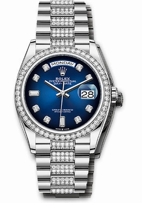 Rolex White Gold Day-Date 36 Watch - Diamond Bezel - Blue Ombr Diamond Dial - Diamond President Bracelet - 128349rbr bloddp
