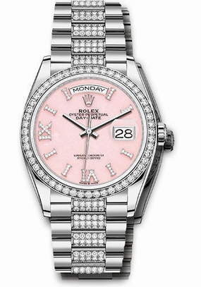 Rolex White Gold Day-Date 36 Watch - Diamond Bezel - Pink Opal Diamond Index Roman 9 Dial - Diamond President Bracelet - 128349rbr podidrdp