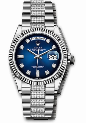 Rolex White Gold Day-Date 36 Watch - Fluted Bezel - Blue Ombr Diamond Dial - Diamond President Bracelet - 128239 bloddp