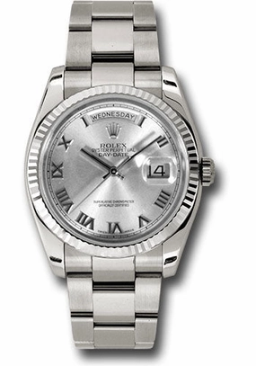 Rolex White Gold Day-Date 36 Watch - Fluted Bezel - Rhodium Roman Dial - Oyster Bracelet - 118239 rro
