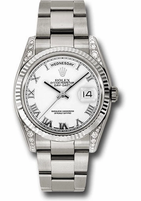 Rolex White Gold Day-Date 36 Watch - Fluted Bezel - White Roman Dial - Oyster Bracelet - 118339 wro