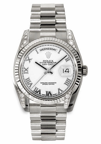 Rolex White Gold Day-Date 36 Watch - Fluted Bezel - White Roman Dial - President Bracelet - 118339 wrp