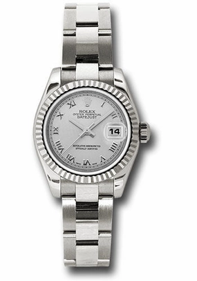 Rolex White Gold Lady-Datejust 26 Watch - Fluted Bezel - Silver Roman Dial - Oyster Bracelet - 179179 sro