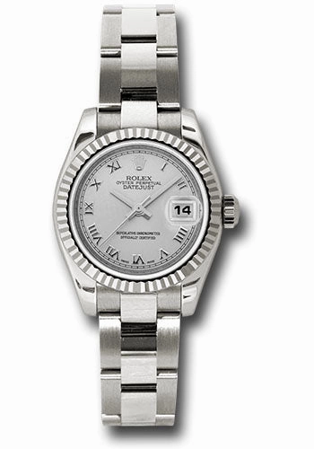 Rolex White Gold Lady-Datejust 26 Watch - Fluted Bezel - Silver Roman Dial - Oyster Bracelet - 179179 sro