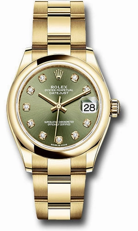 Rolex Yellow Gold Datejust 31 Watch - Domed Bezel - Olive Green Diamond Dial - Oyster Bracelet 278248 ogdo