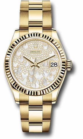 Rolex Yellow Gold Datejust 31 Watch - Fluted Bezel - Paved Mother-of-Pearl Butterfly Dial - Oyster Bracelet 278278 pmopbo