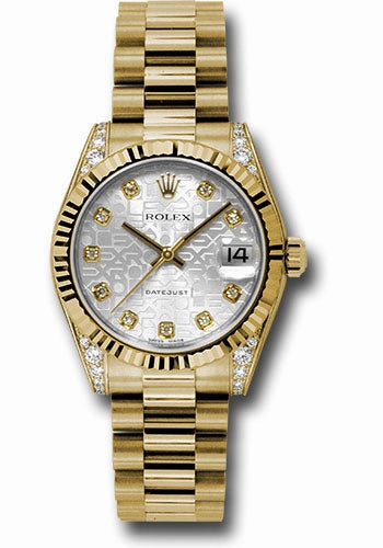 Rolex Yellow Gold Datejust 31 Watch - Fluted Bezel - Silver Jubilee Diamond Dial - President Bracelet 178238 sjdp