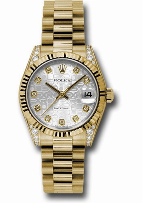 Rolex Yellow Gold Datejust 31 Watch - Fluted Bezel - Silver Jubilee Diamond Dial - President Bracelet 178238 sjdp