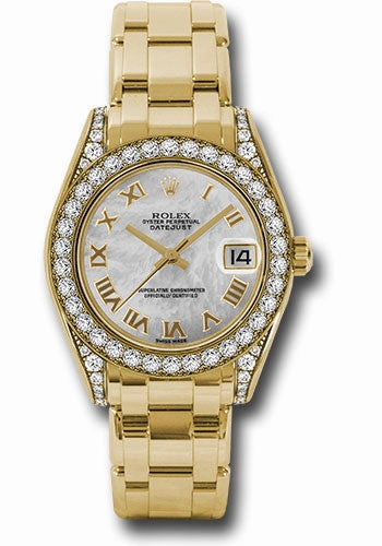 Rolex Yellow Gold Datejust Pearlmaster 34 Watch - 34 Diamond Bezel - White Mother-Of-Pearl Roman Dial - 81158 mr