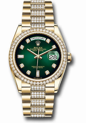 Rolex Yellow Gold Day-Date 36 Watch - Diamond Bezel - Green Ombr Diamond Dial - Diamond President Bracelet - 128348rbr groddp