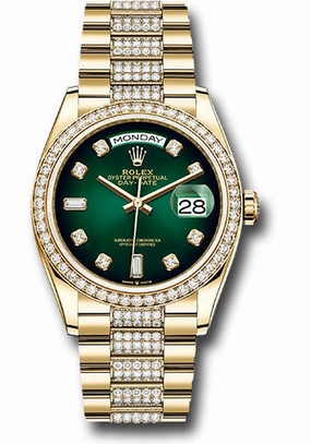 Rolex Yellow Gold Day-Date 36 Watch - Diamond Bezel - Green Ombr Diamond Dial - Diamond President Bracelet - 128348rbr groddp