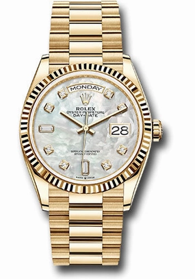 Rolex Yellow Gold Day-Date 36 Watch - Fluted Bezel - Mother-of-Pearl Diamond Dial - President Bracelet - 128238 mdp