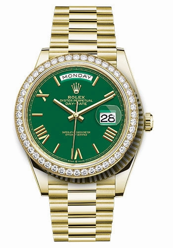 Rolex Yellow Gold Day-Date 40 Watch - Diamond Bezel - Green Roman Dial - President Bracelet - 228348rbr grrp
