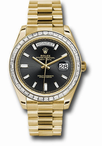 Rolex Yellow Gold Day-Date 40 Watch - Yellow Gold Bezel - Black Baguette Diamond Dial - President Bracelet - 228398TBR bkbdp