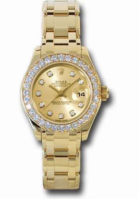 Rolex Yellow Gold Lady-Datejust Pearlmaster 29 Watch - 32 Diamond Bezel - Champagne Diamond Dial - 80298 chd