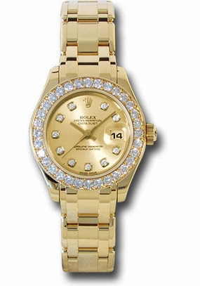 Rolex Yellow Gold Lady-Datejust Pearlmaster 29 Watch - 32 Diamond Bezel - Champagne Diamond Dial - 80298 chd