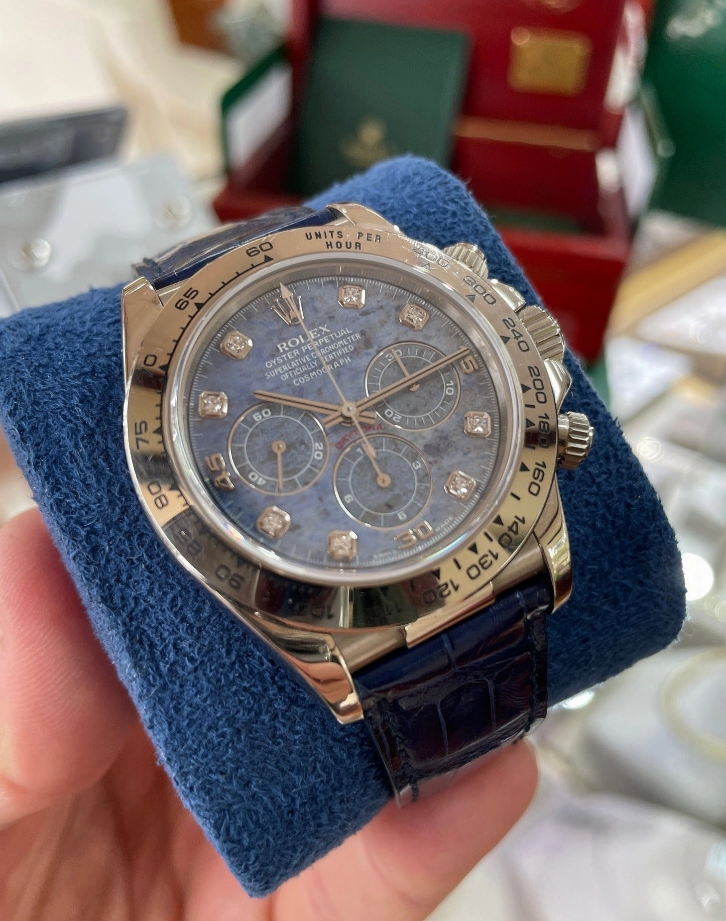 Rolex Zenith Daytona 16519 18K White gold Factory Diamond Sodalite Dial Mint PreOwned