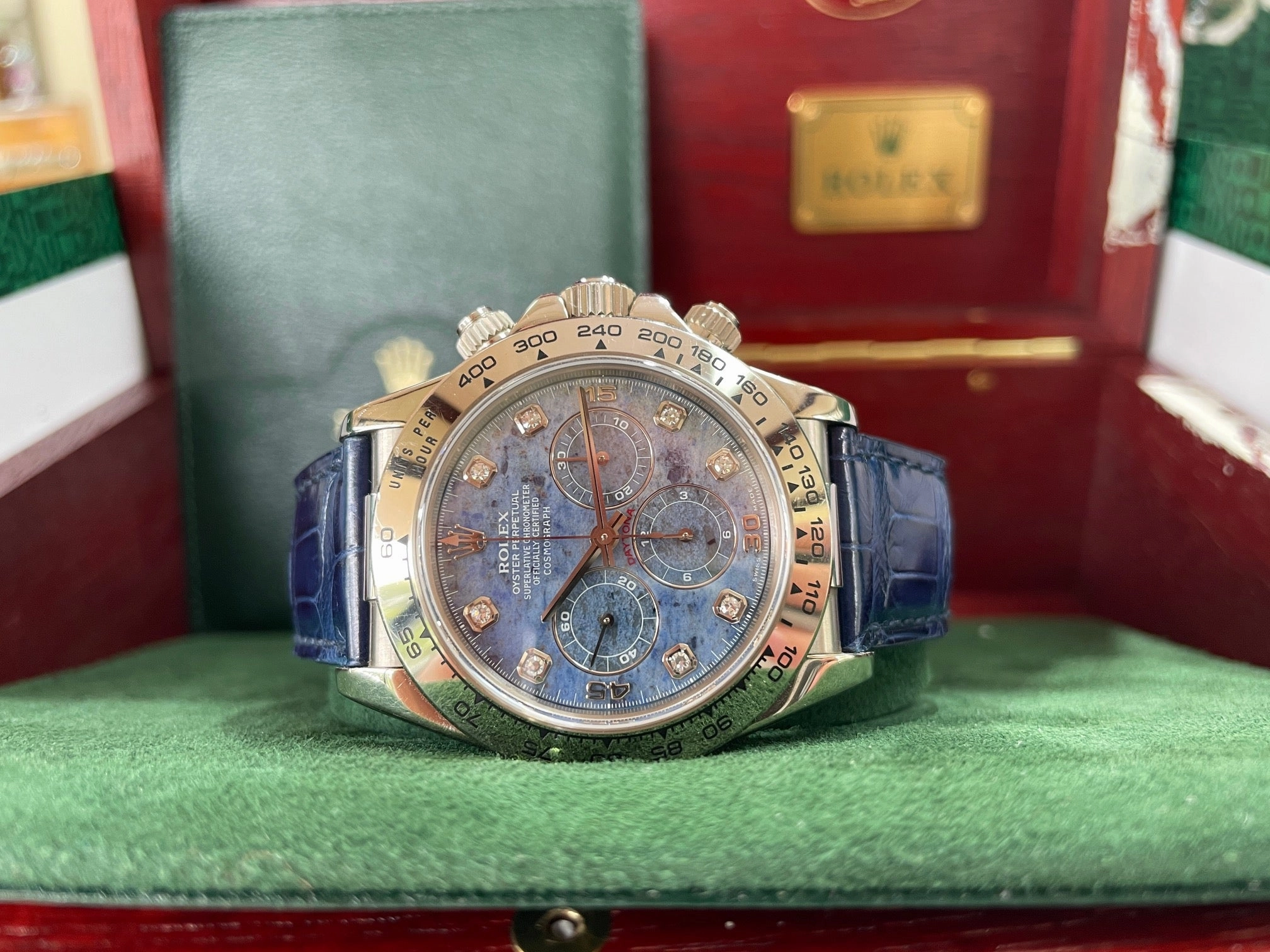 Rolex Zenith Daytona 16519 18K White gold Factory Diamond Sodalite Dial Mint PreOwned