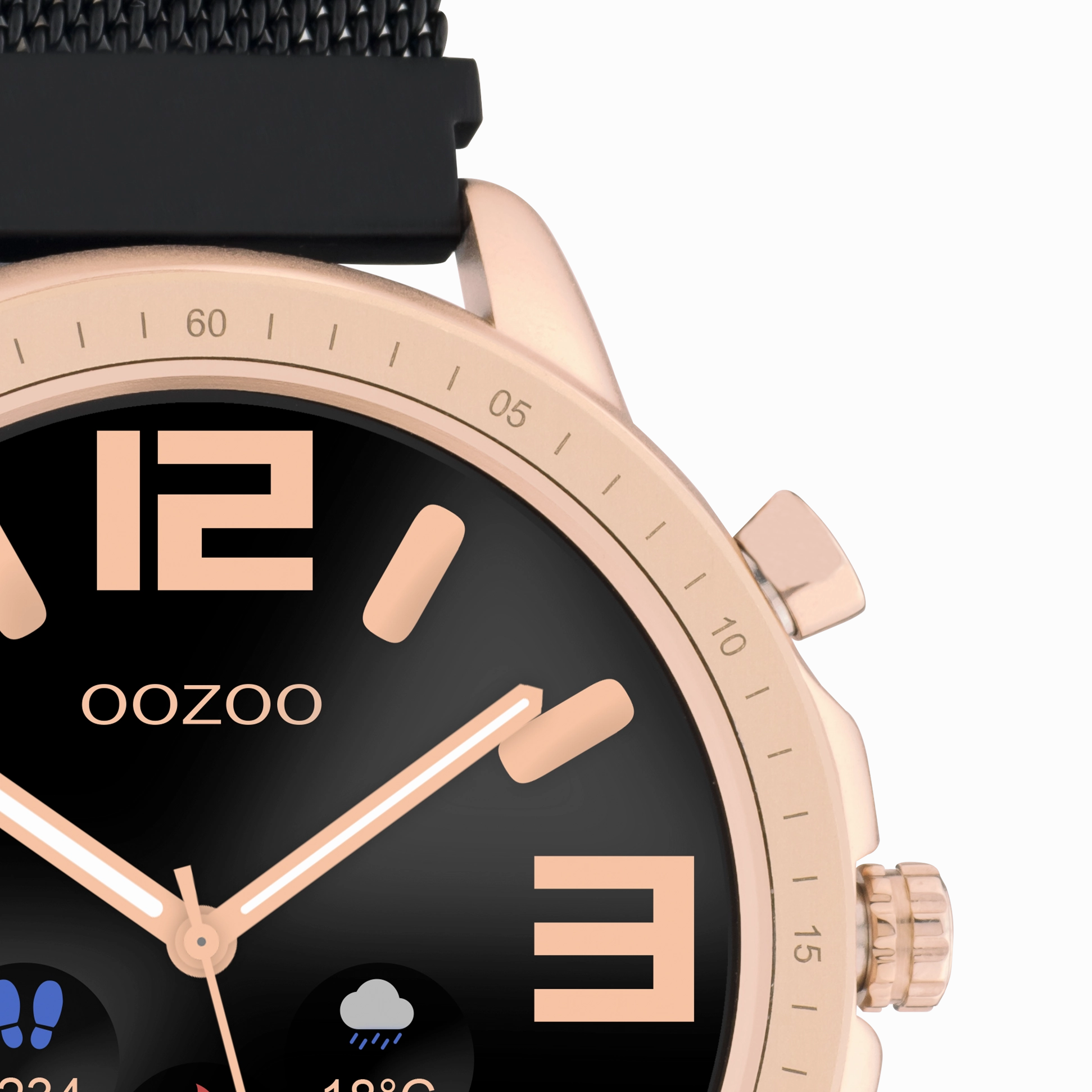 Rose gold coloured OOZOO smartwatch with black metal mesh bracelet - Q00308