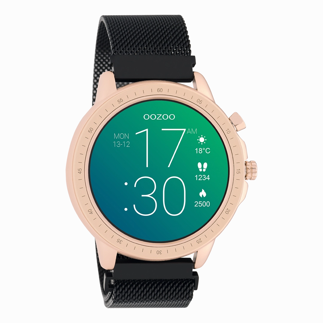 Rose gold coloured OOZOO smartwatch with black metal mesh bracelet - Q00308