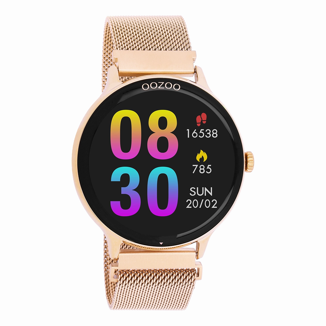 Rose gold coloured OOZOO smartwatch with rose gold coloured metal mesh bracelet - Q00138