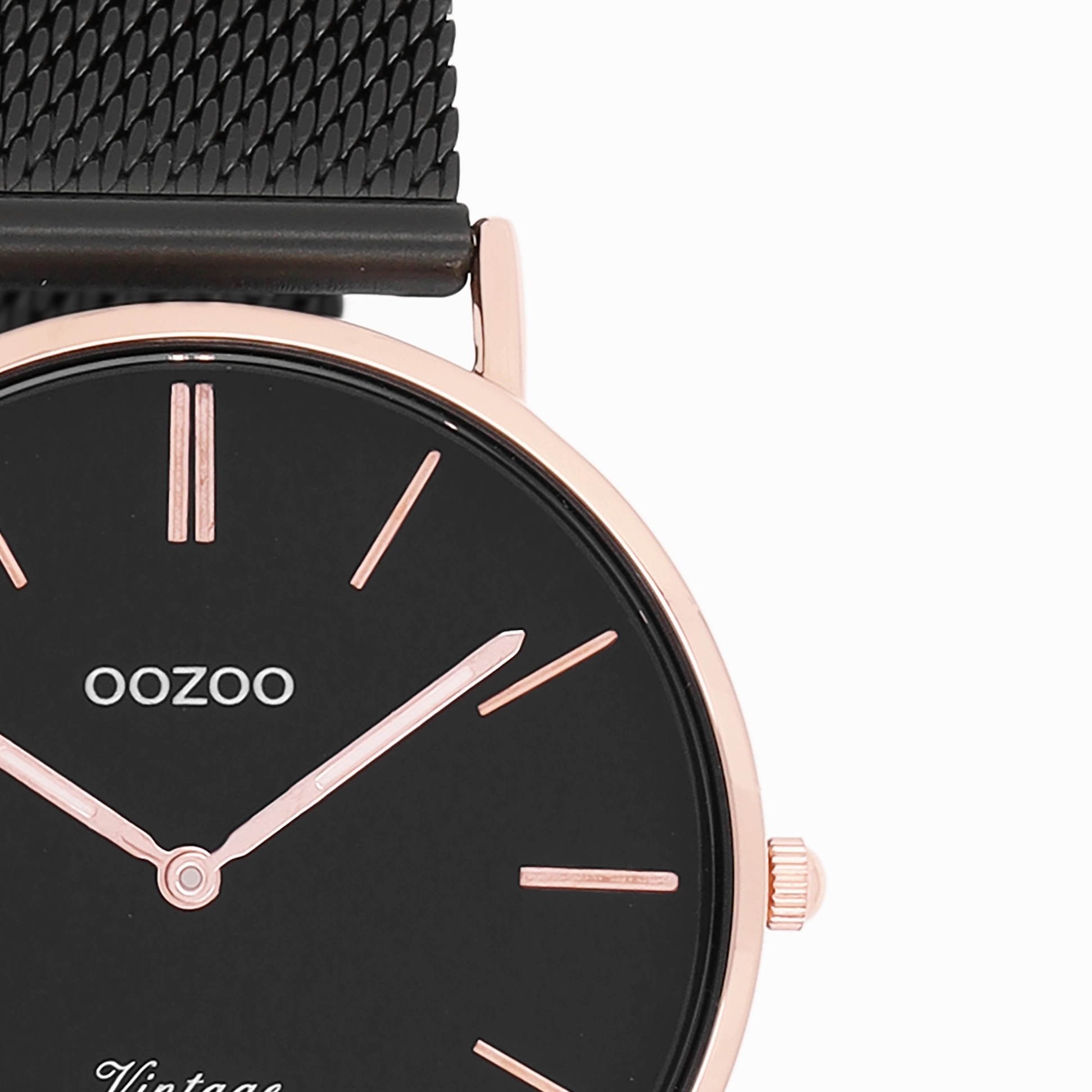 Rose gold coloured OOZOO watch with black metal mesh bracelet - C8870