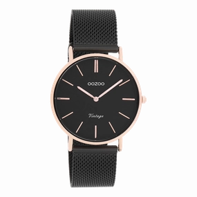Rose gold coloured OOZOO watch with black metal mesh bracelet - C8870