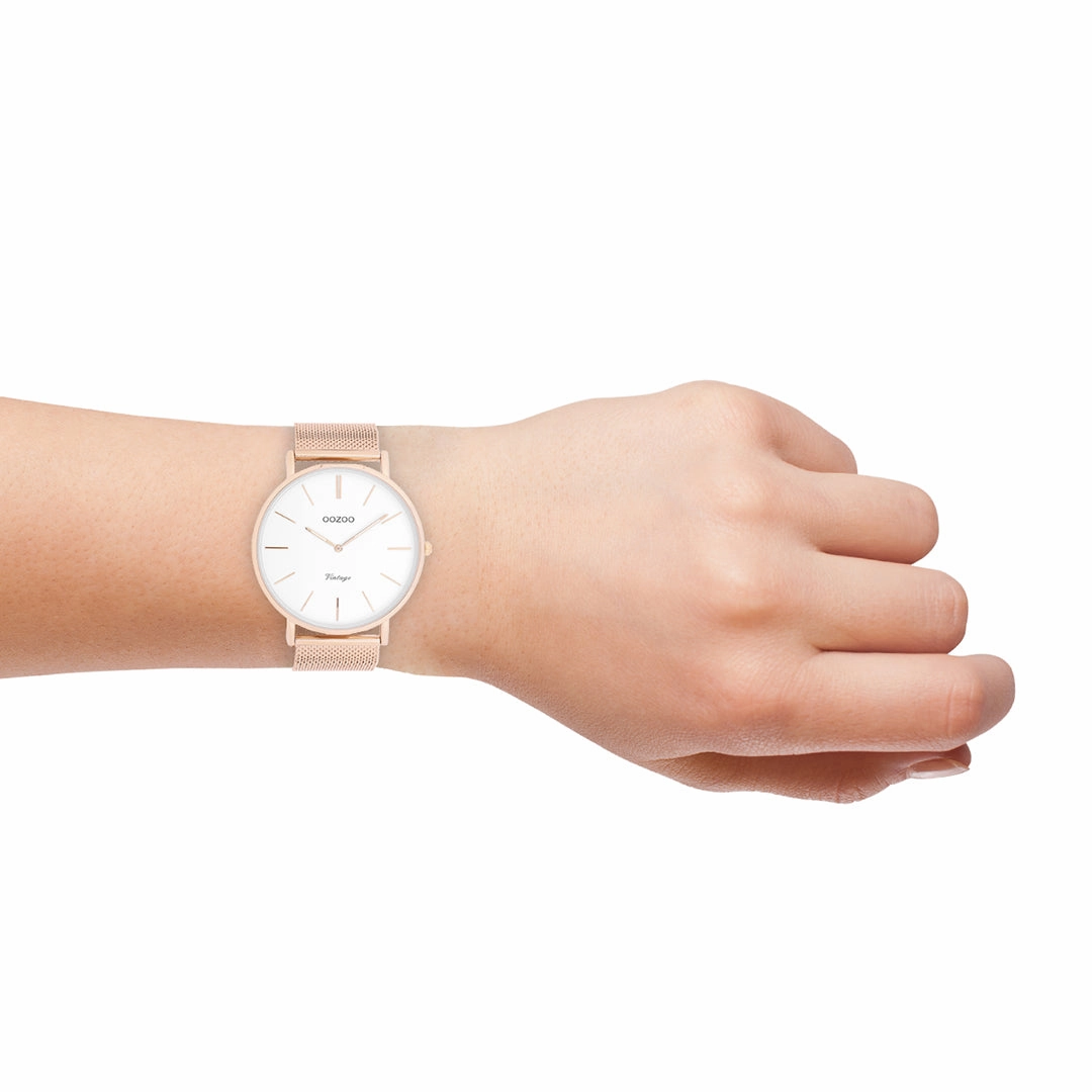 Rose gold coloured OOZOO watch with metal mesh bracelet - C9916