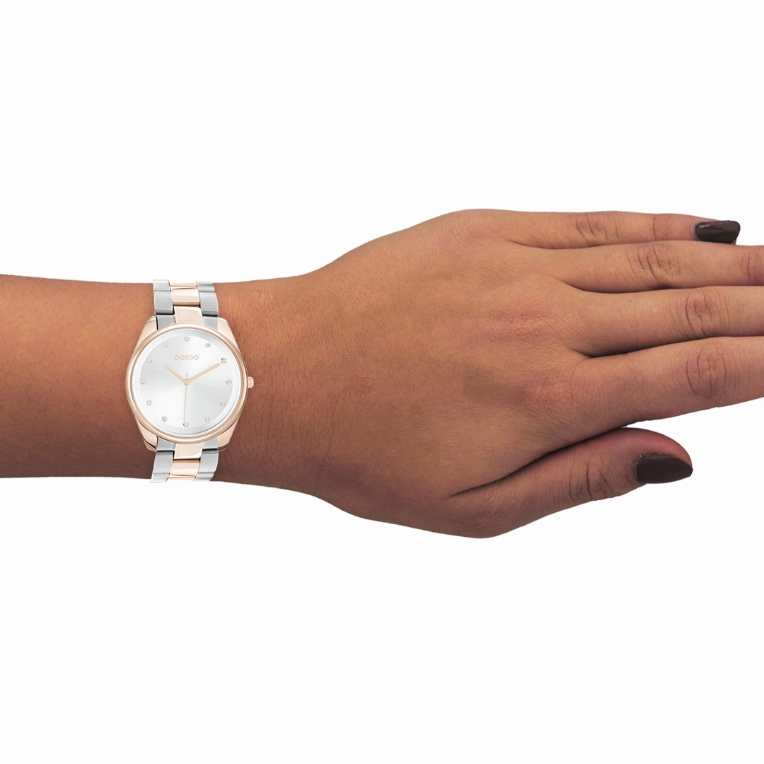 Rose gold coloured OOZOO watch with silver coloured/rose gold stainless steel bracelet - C10964