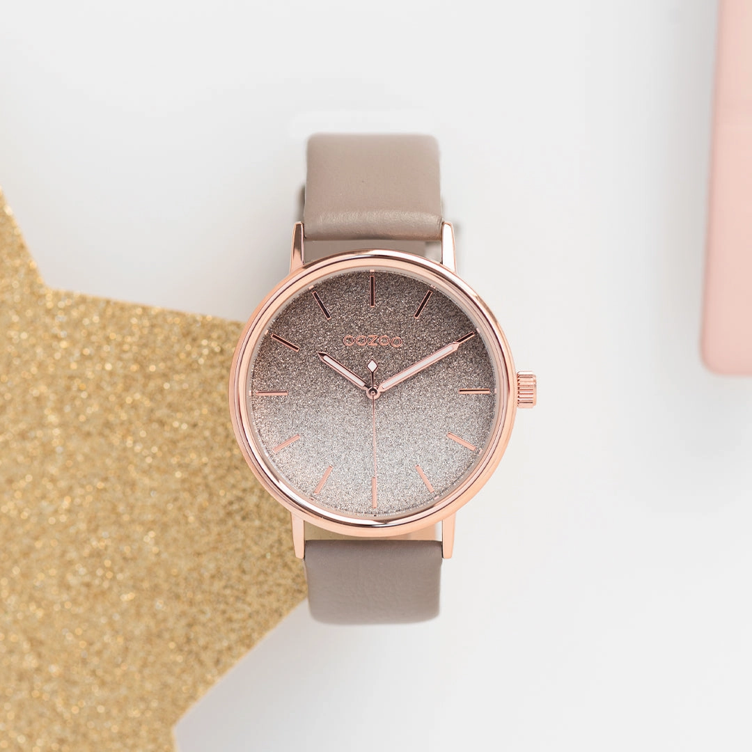 Rose gold coloured OOZOO watch with taupe leather strap - C10937